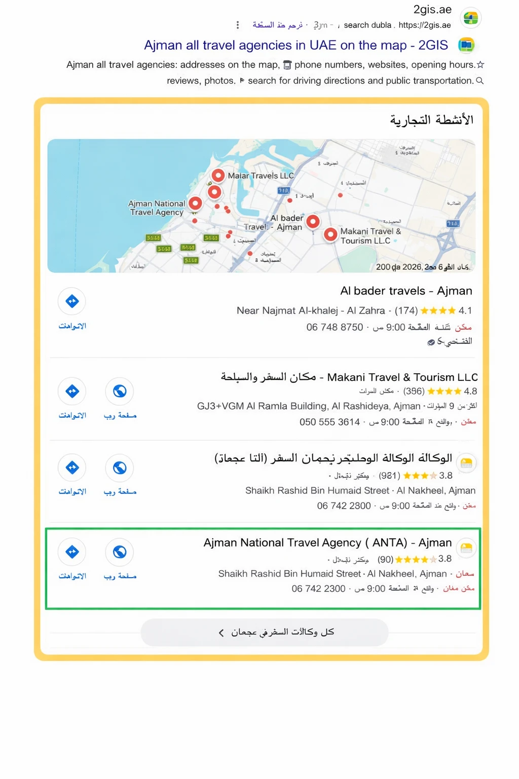 Google local map results for travel agencies in Ajman showing Ajman National Travel Agency (ANTA) highlighted among listed agencies on the map
